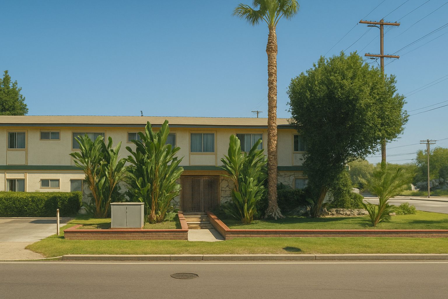 Apartment building with green trim, palm tree, and grassy lawn on a sunny day.