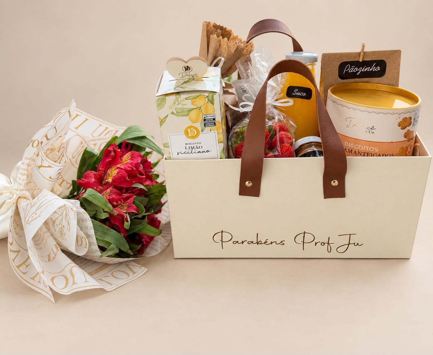 Cesta de presente com flores, petiscos e uma vela em uma sacola de tecido creme sobre um fundo bege