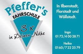 A blue and white logo for pfeffer 's fahrschule in deiner nake