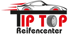 Ein Logo für Tip Top Reifencenter mit einem Auto auf einem Reifen