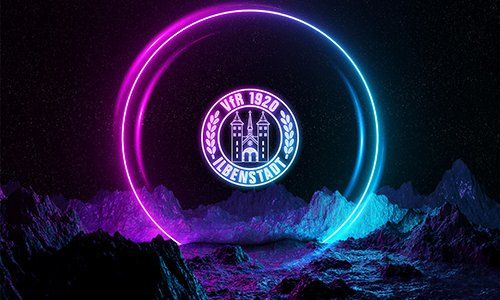 Ein Neonkreis mit einer Burg in der Mitte ist von Bergen umgeben.
