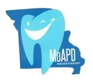 Blue smiling tooth logo with “MoAPD” text on a state-shaped background