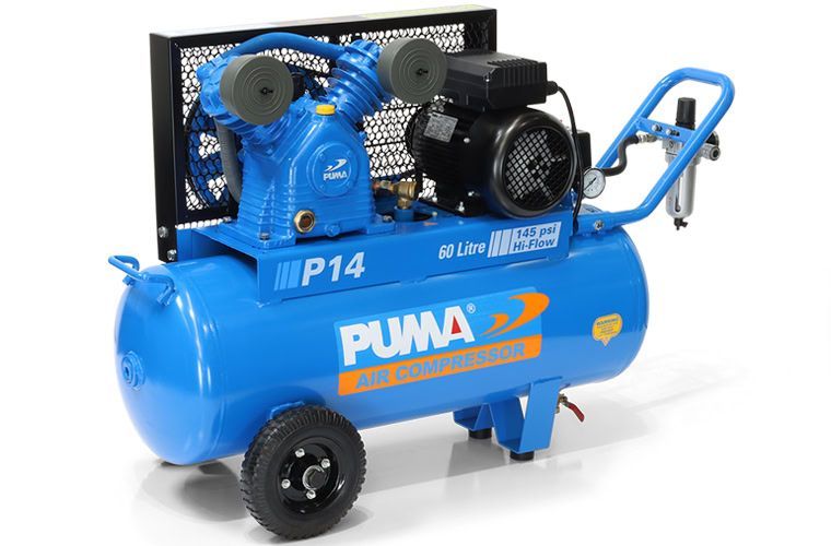 Blue portable air compressor with black motor and wheels on a white background — Air & Lift Gear in Buderim, QLD