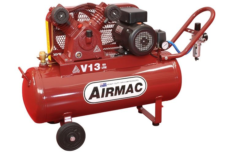 Red Airmac V13 air compressor with twin motors and wheels on a white background— Air & Lift Gear in Buderim, QLD