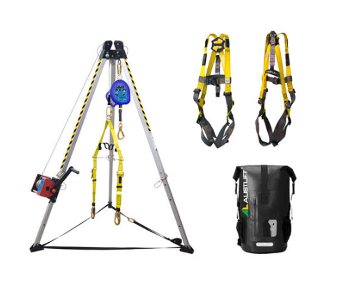 Yellow and black tripod rescue system with harnesses and carry bag on white background — Air & Lift Gear in Buderim, QLD