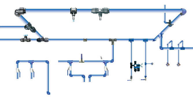 Blue industrial piping schematic with valves, bends, and fittings on a white background — Air & Lift Gear in Buderim, QLD