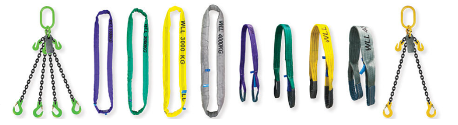 Assorted colourful lifting slings displayed in a product catalogue — Air & Lift Gear in Buderim, QLD
