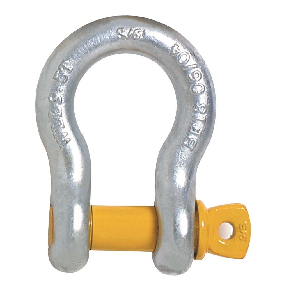 Silver metal shackle with a yellow pin clasp on a white background — Air & Lift Gear in Buderim, QLD