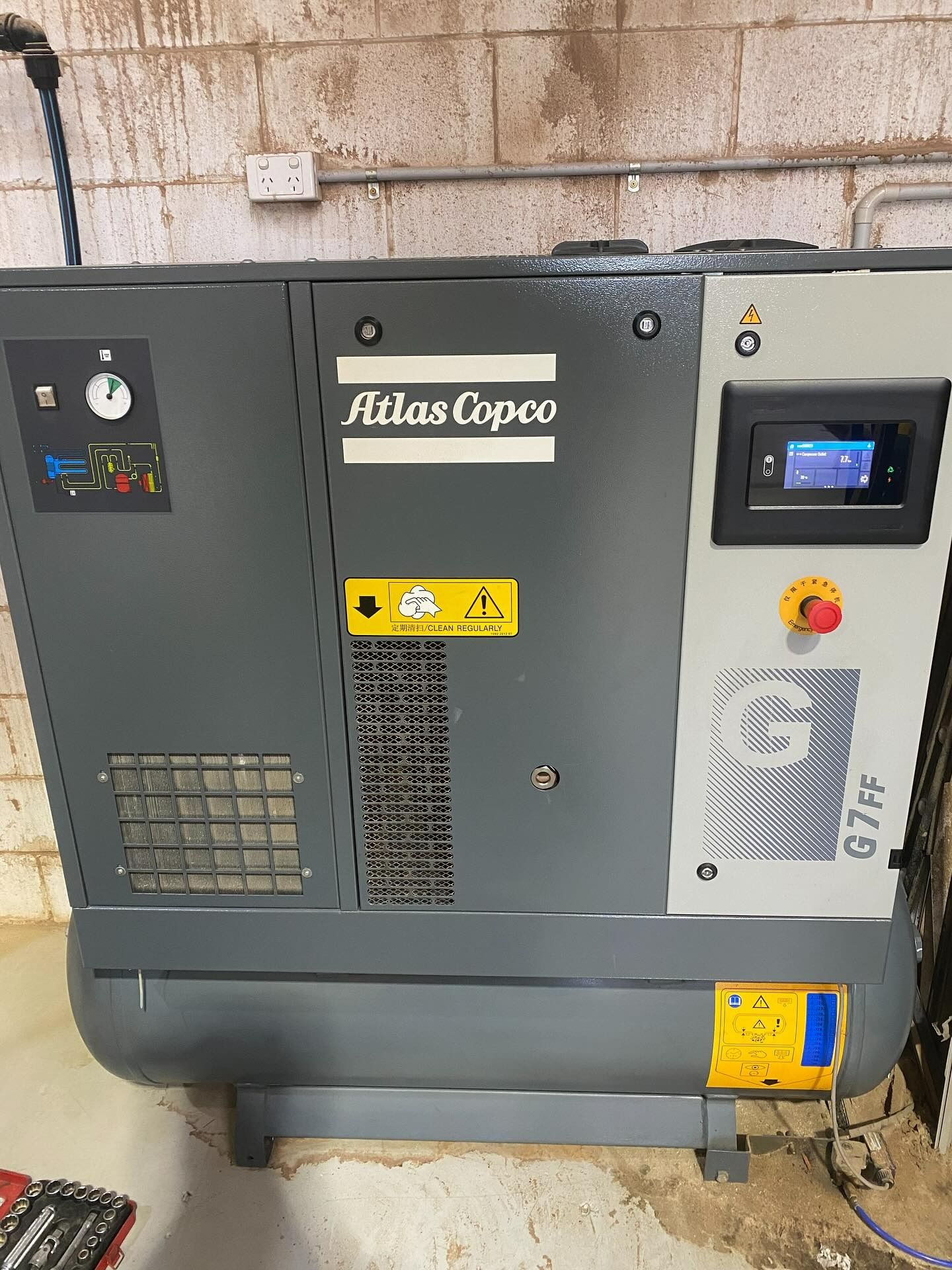 Grey Atlas Copco G7FF Tank Mounted Rotary Screw Air Compressor — Air & Lift Gear in Buderim, QLD