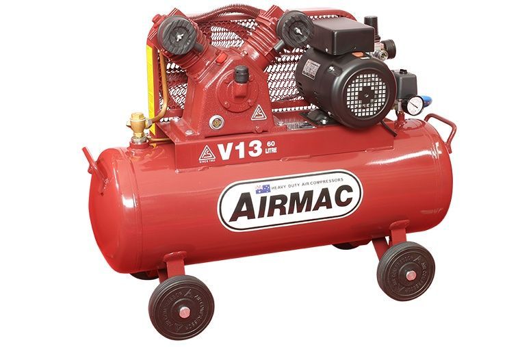 Red Airmac V13 air compressor with black motor and wheels on a white background — Air & Lift Gear in Buderim, QLD