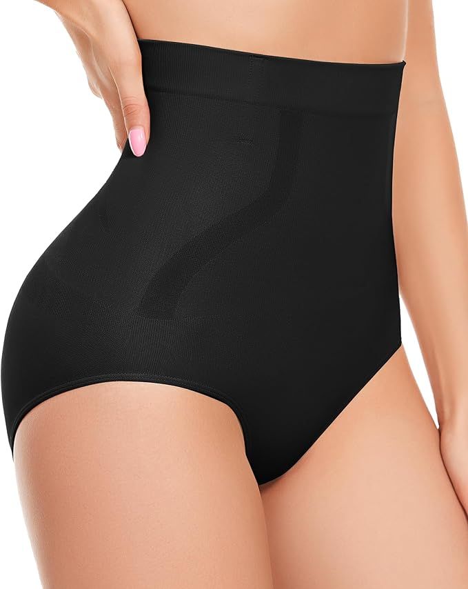 Black high-waisted shapewear briefs on a model’s torso and hips