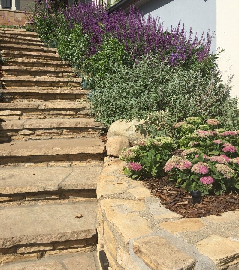 A stone staircase leading up to a house with purple flowers
