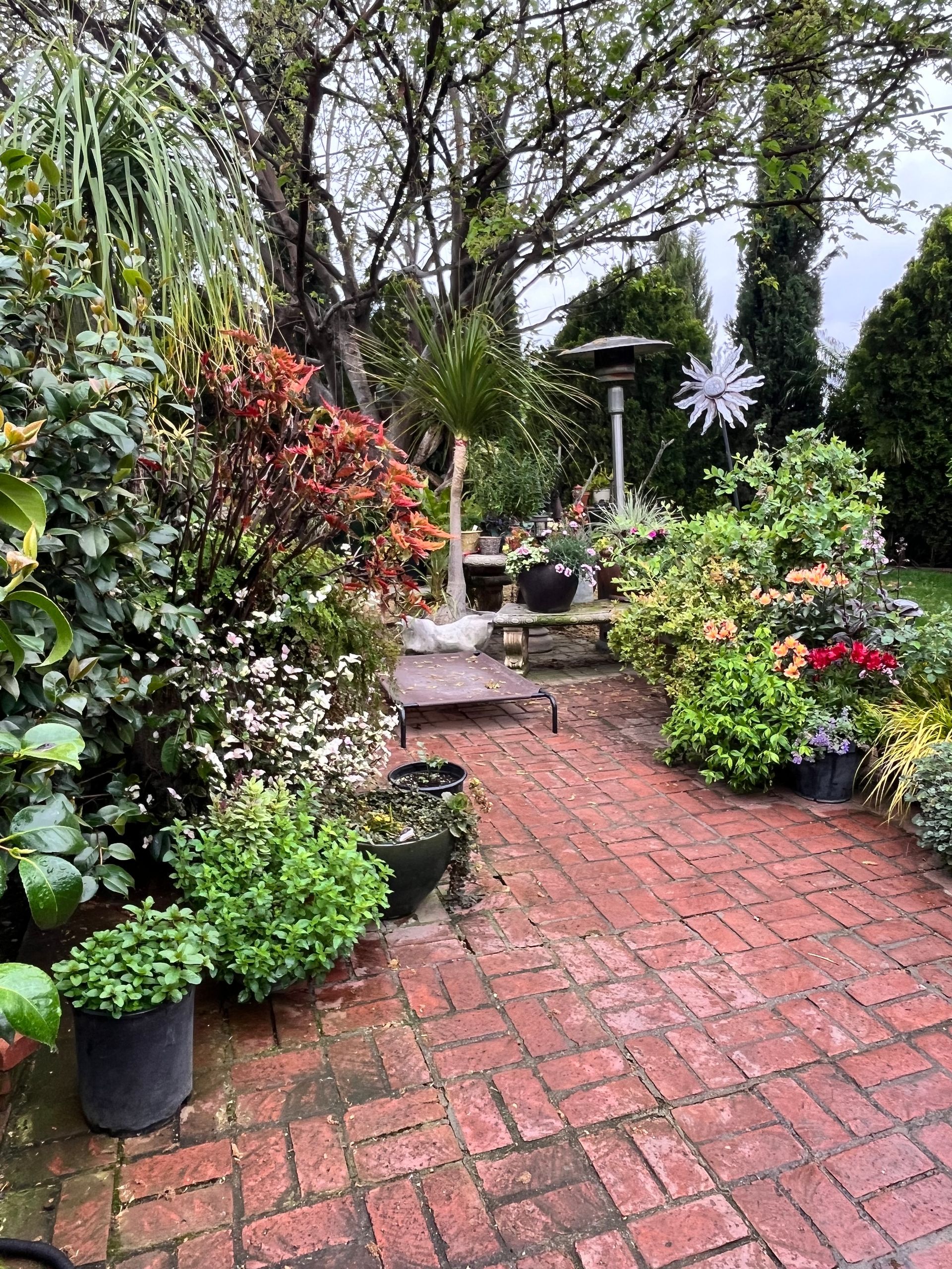 A brick walkway surrounded by potted plants and trees in a garden.