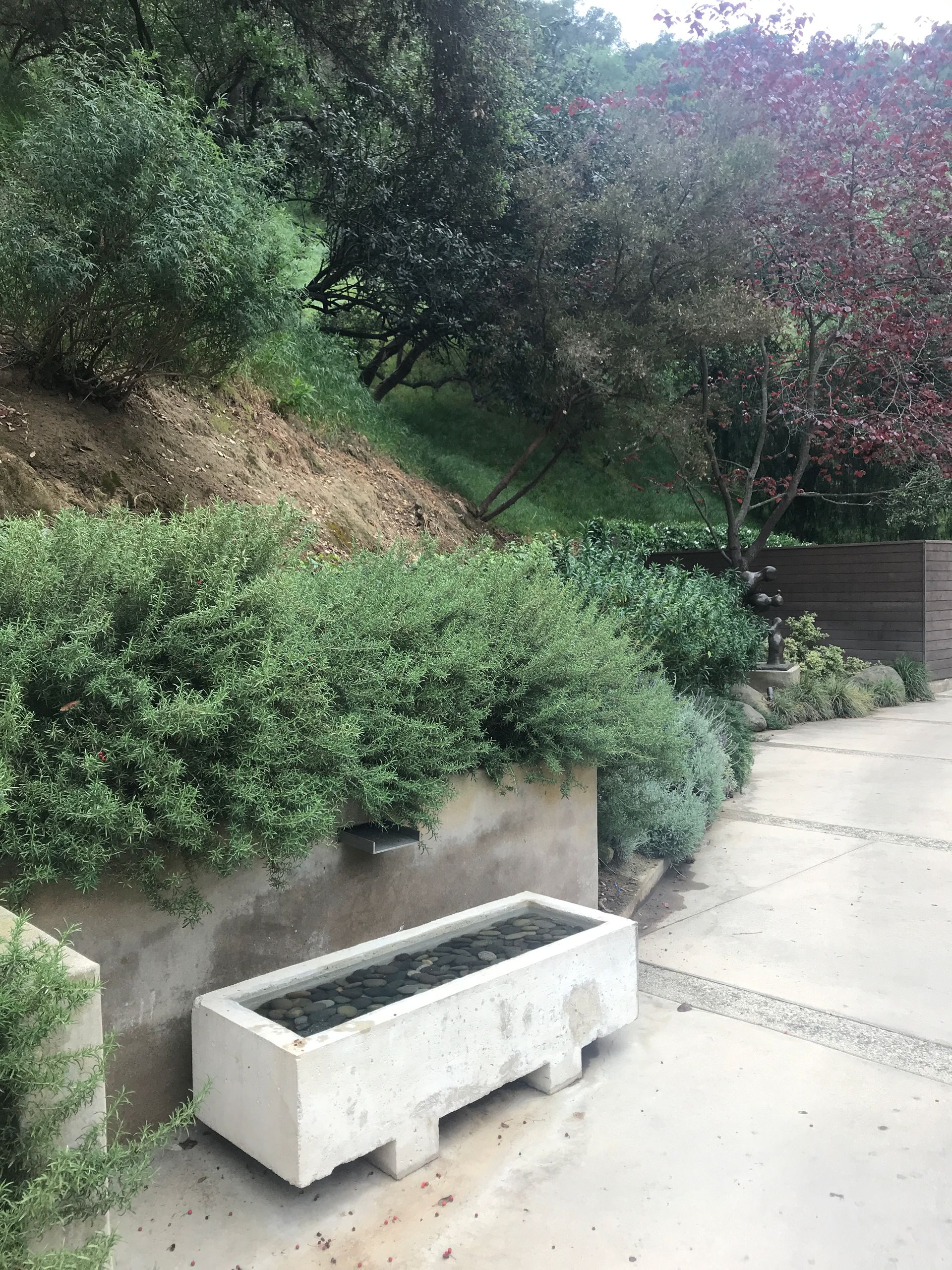 A concrete planter is sitting on the sidewalk next to a bush.