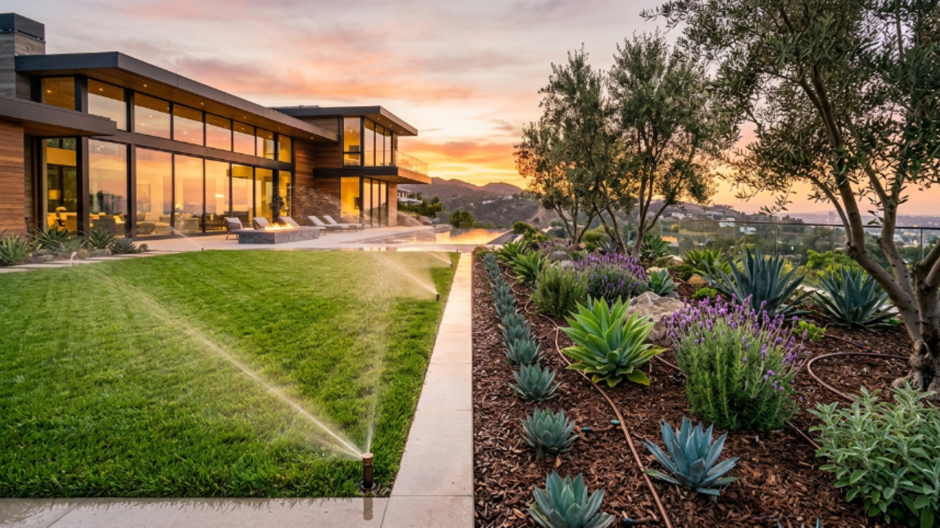 Modern house at sunset with green lawn, sprinklers, and landscaped garden beds