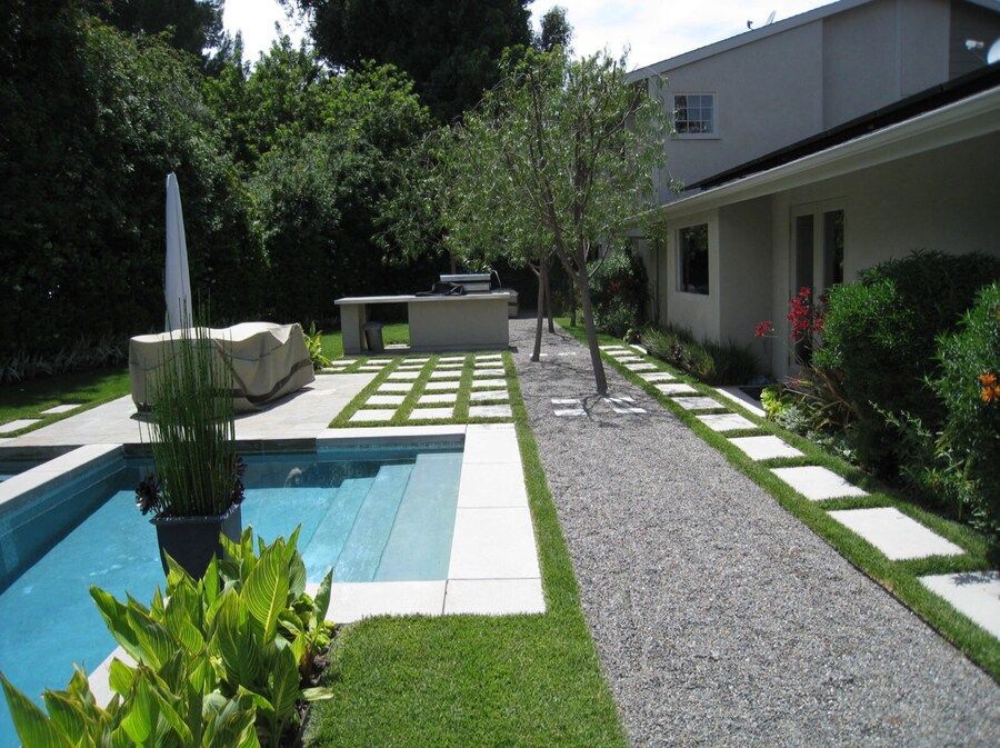 A house with a swimming pool in front of it