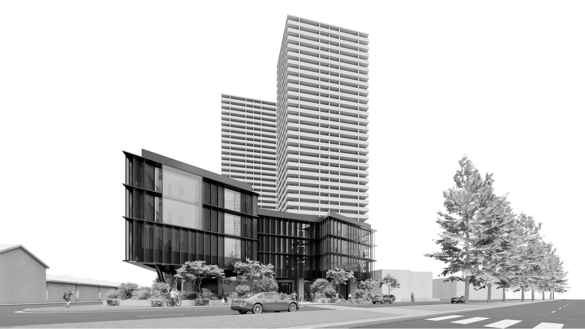 Architectural rendering of a modern high-rise building with lower dark-glass wings and surrounding trees.