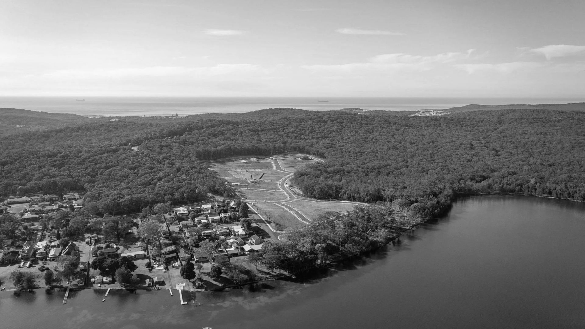 Aerial view of a forested lakeside shoreline with calm water and distant hills