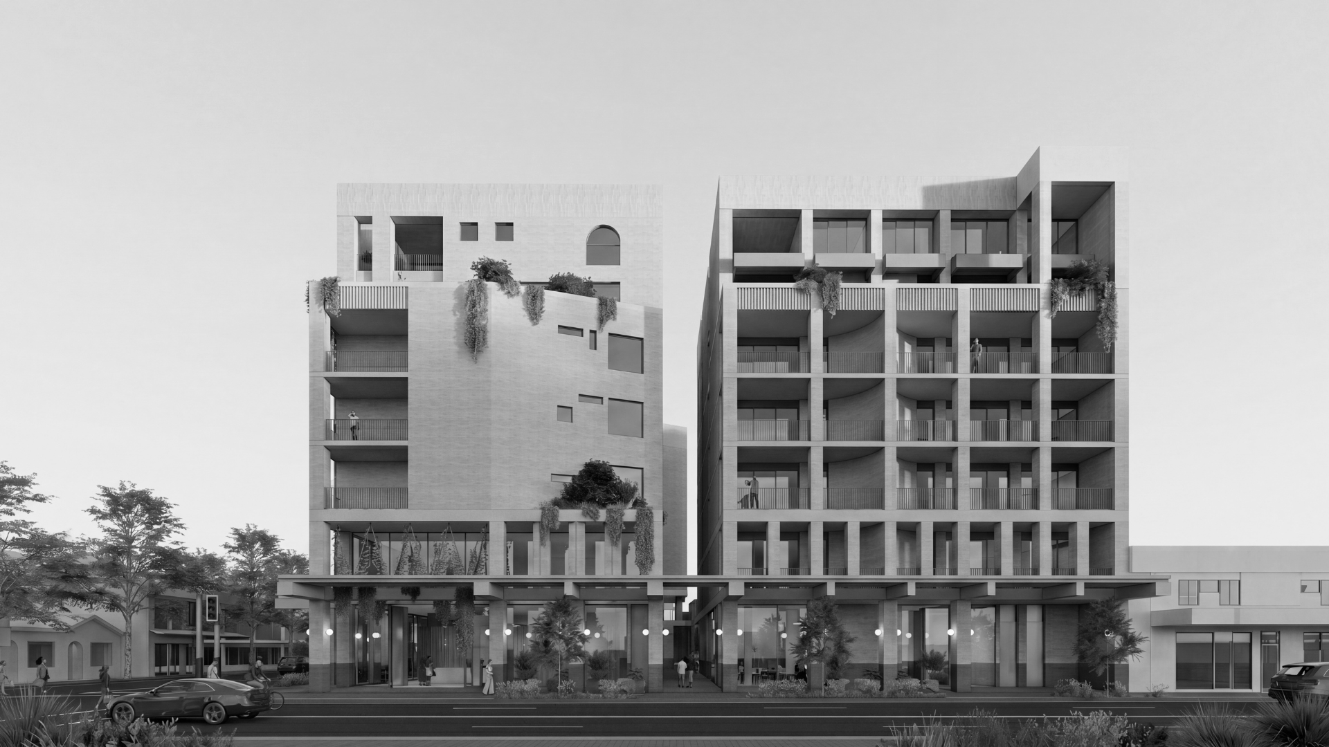 Modern multi-story building under construction with scaffolding and exposed concrete facade
