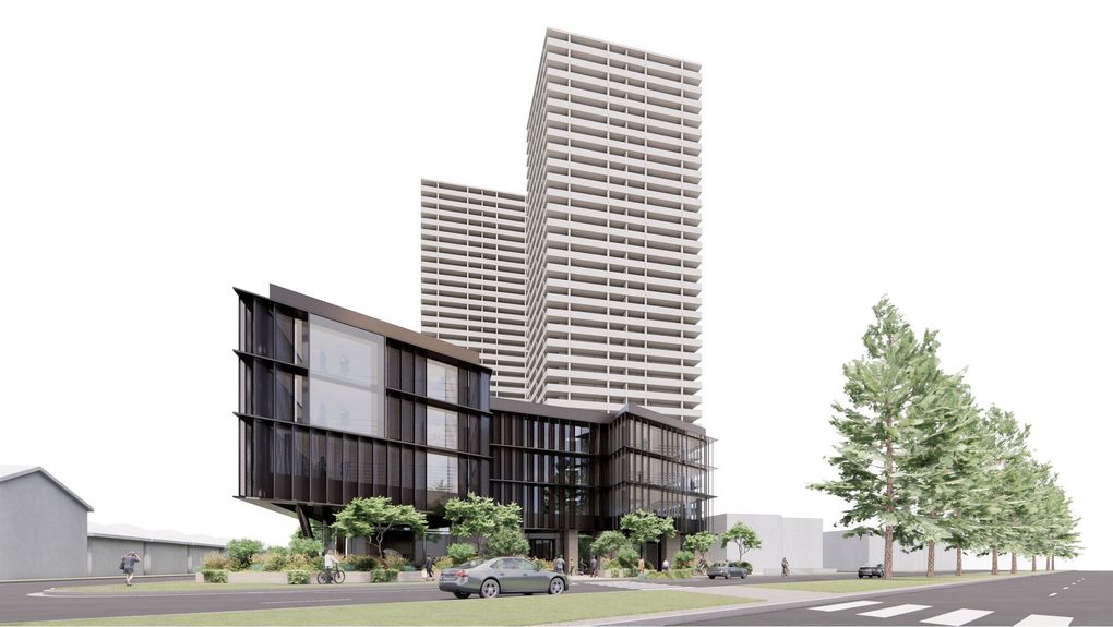 Modern mixed-use building rendering with dark low-rise podium and tall beige tower beside trees and street