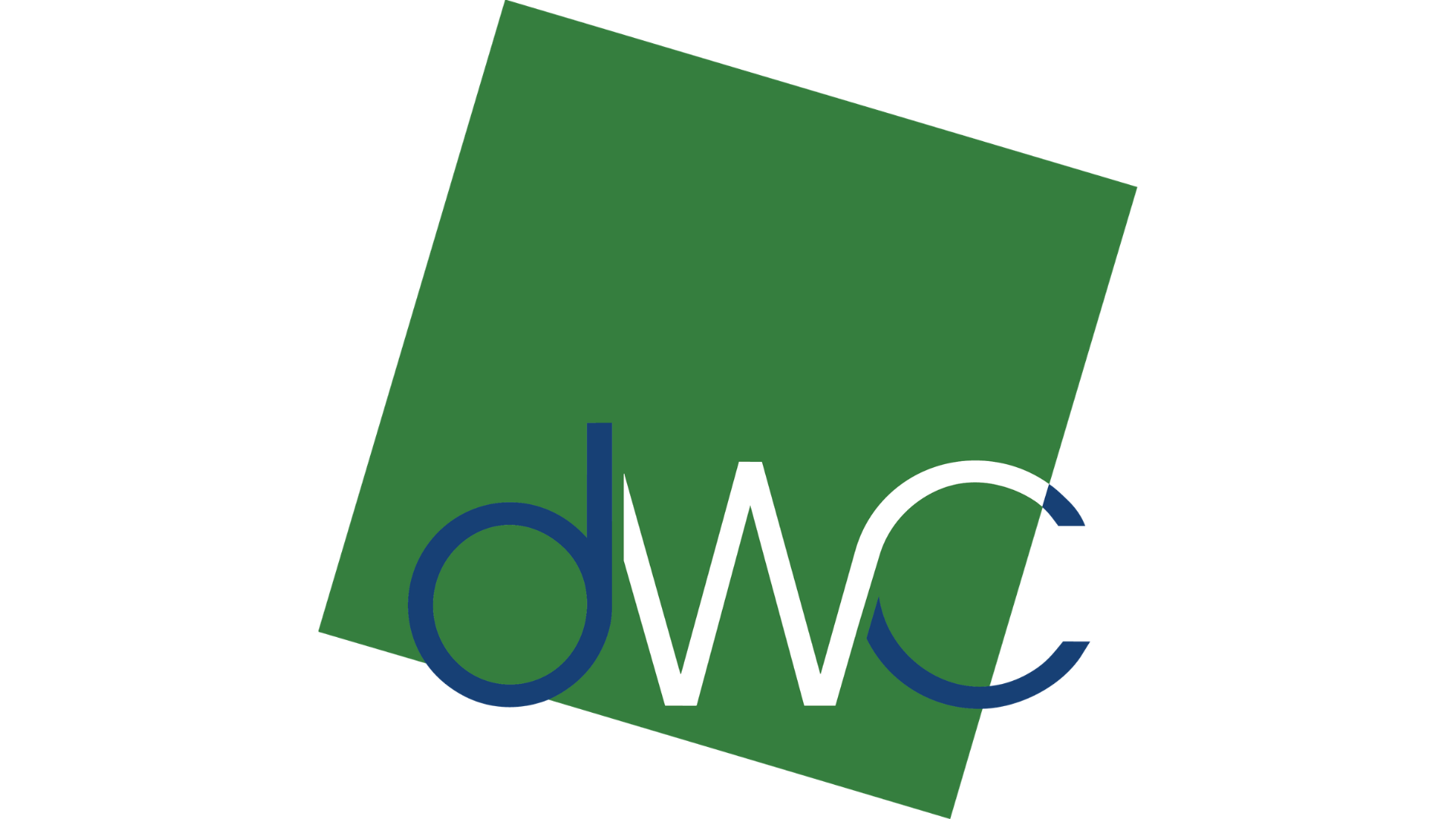 Green tilted square logo with “dwc” in blue and white letters