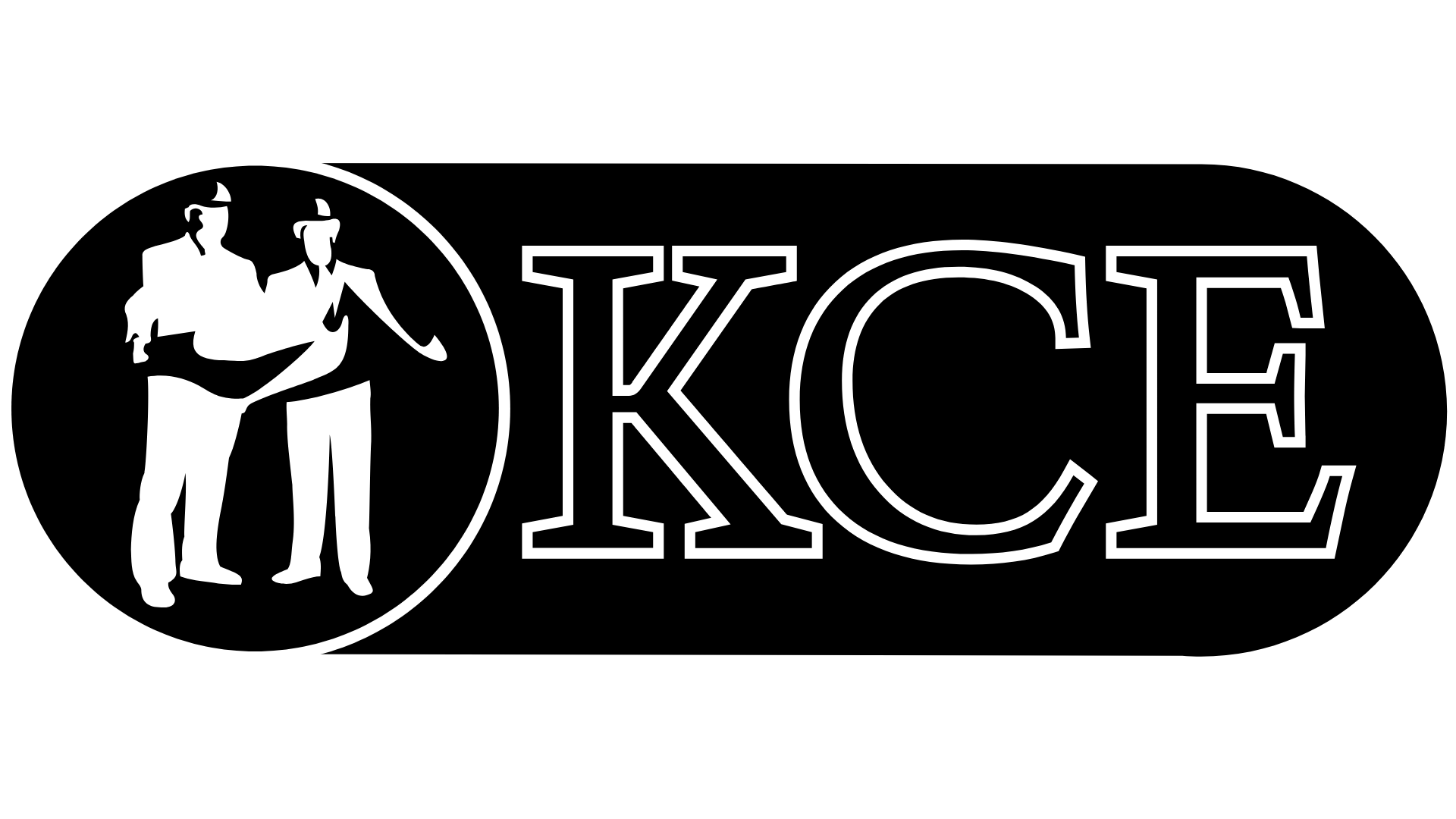 White KCE logo with a circular emblem of two figures on a black background