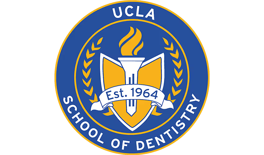 UCLA School of Dentistry circular blue-and-gold seal with torch and open book, “Est. 1964” in center