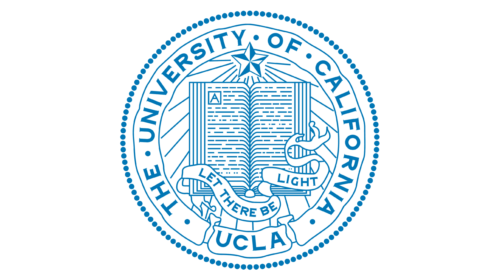 UCLA seal in blue with “The University of California” around a book and torch emblem