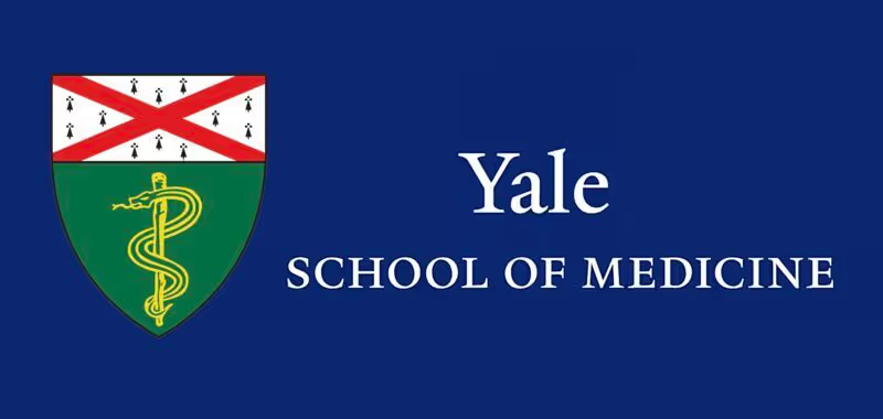 Yale School of Medicine logo on a blue background with a shield emblem