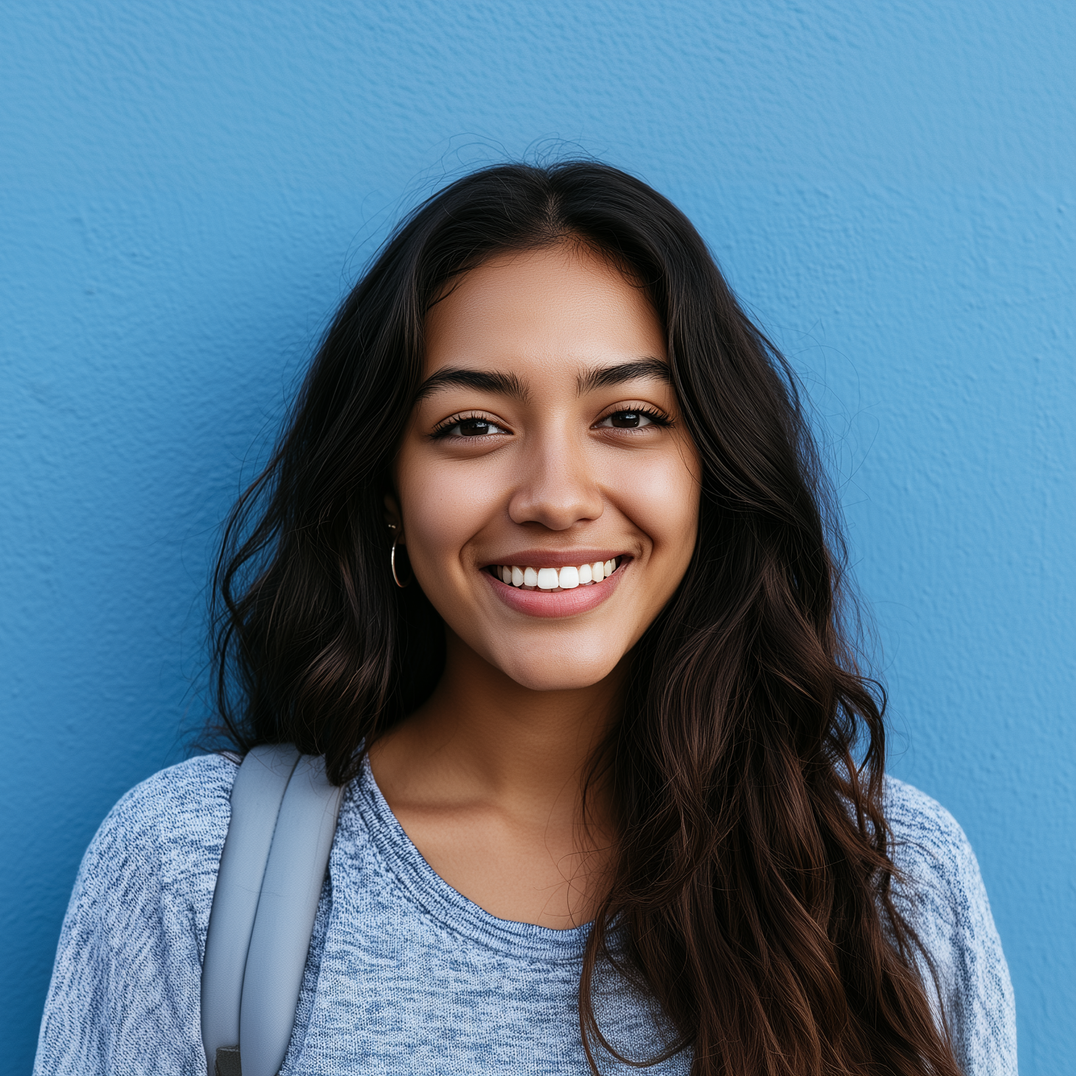Smiling woman with long dark hair and backpack standing against a blue wall