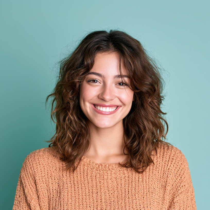 Smiling woman with curly brown hair wearing a peach sweater against a teal background
