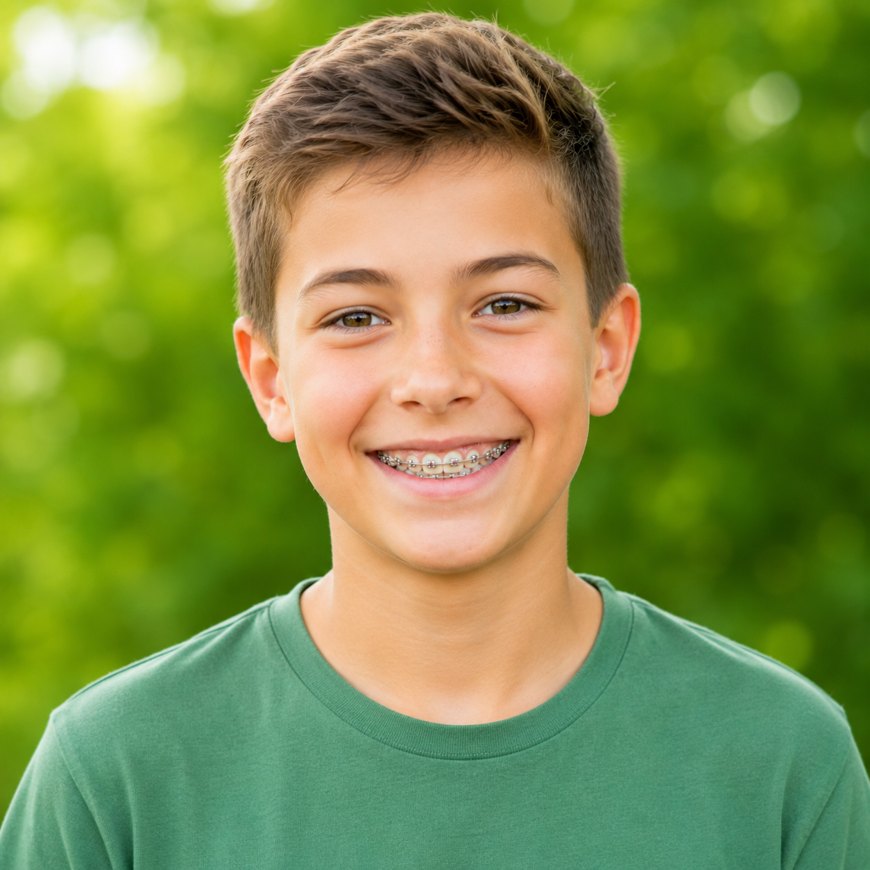 Smiling teen in a green shirt with braces, standing outdoors against a blurred green background