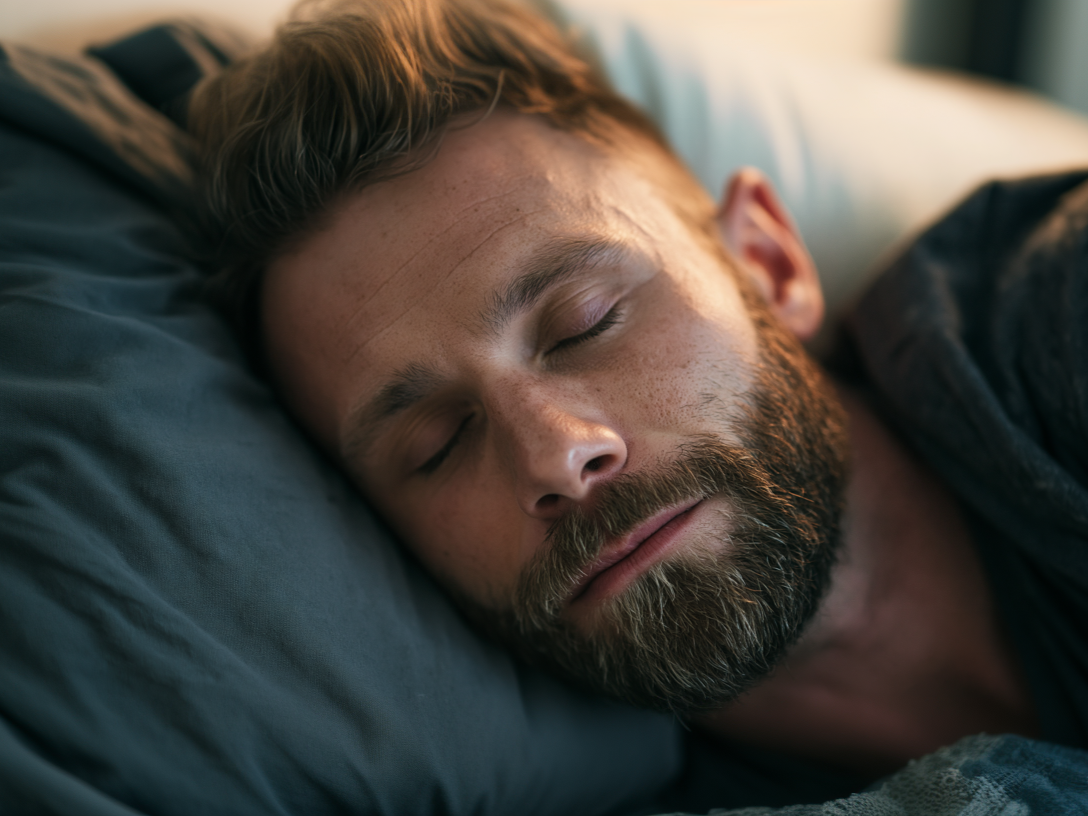 Sleeping man with a beard resting on a pillow in dim light