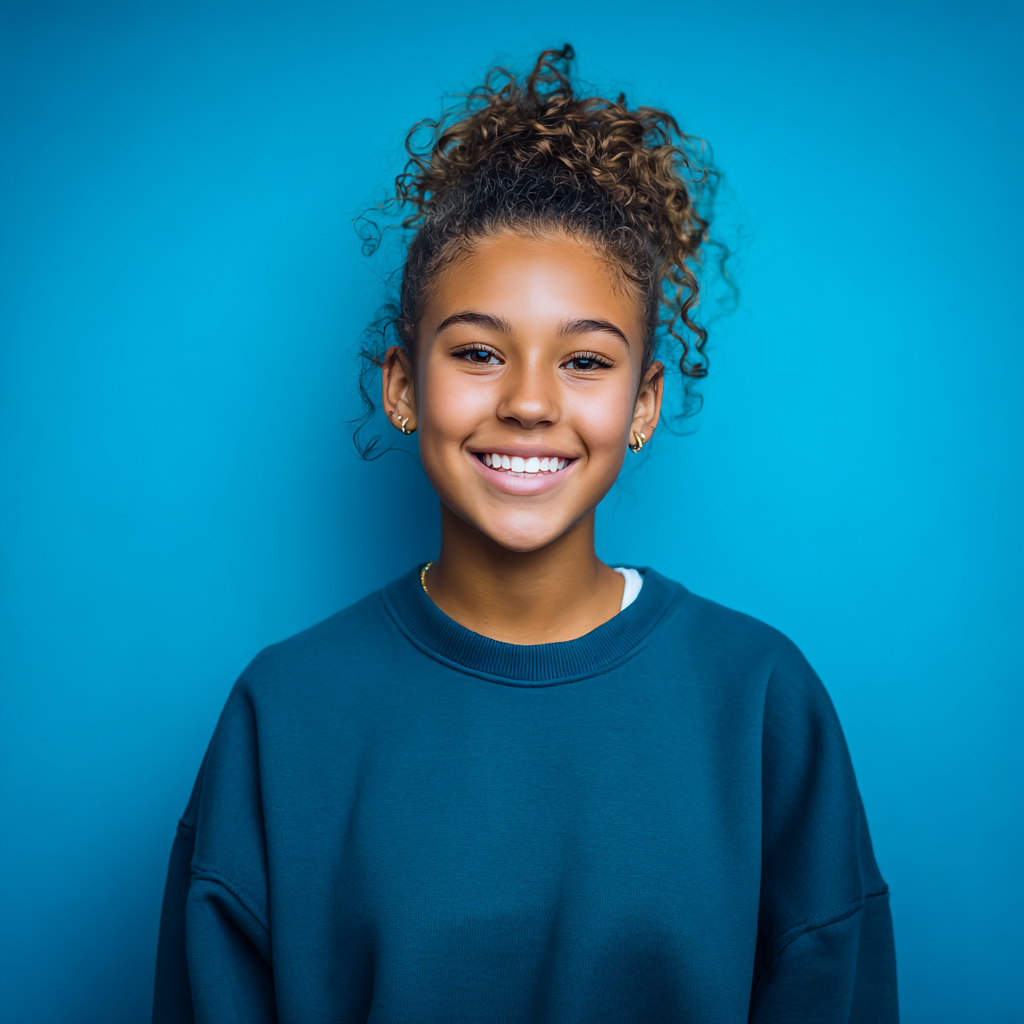 Woman smiling, wearing a blue sweatshirt, hair in a bun, against a blue background.