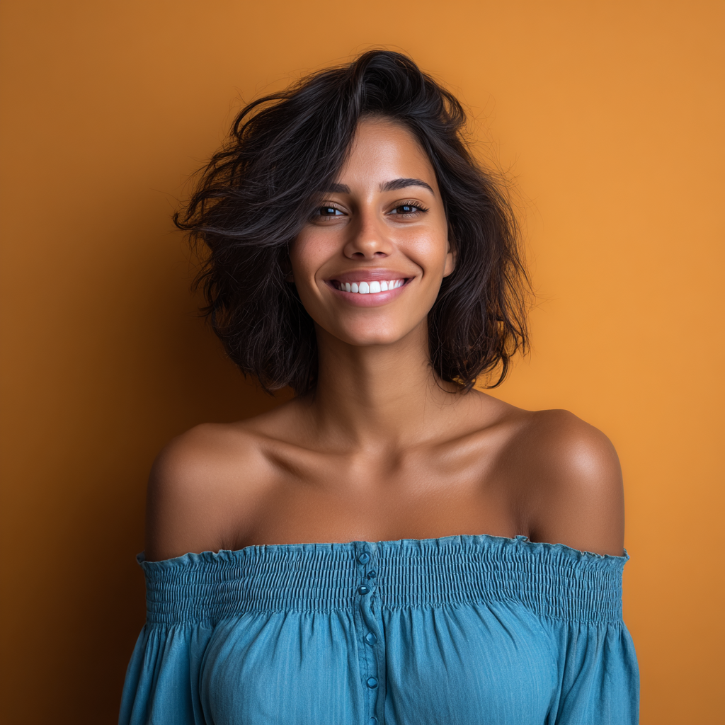 Woman with dark hair, a wide smile, wearing a blue off-the-shoulder top, against an orange background.