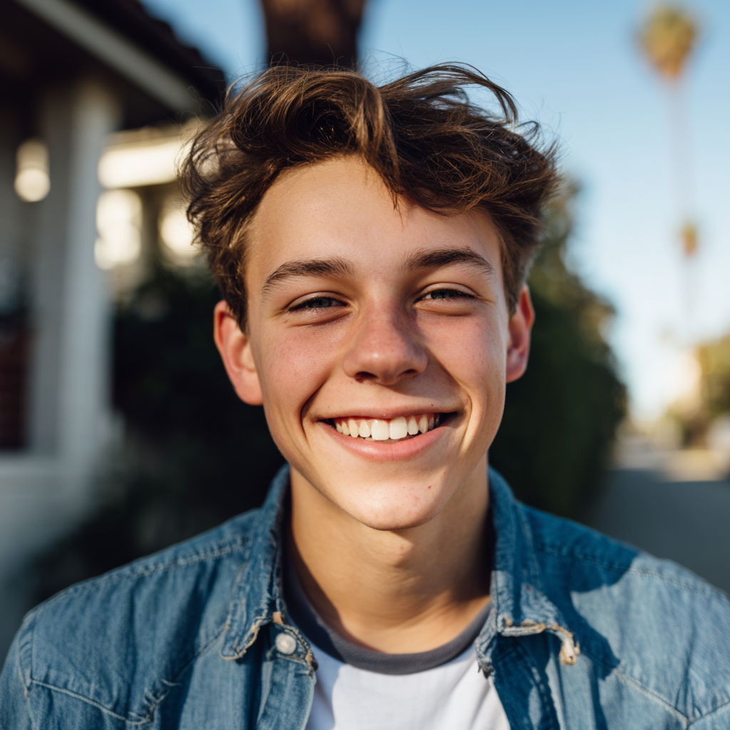A smiling person with messy brown hair wears a denim shirt over a white t-shirt, standing outdoors in natural light.