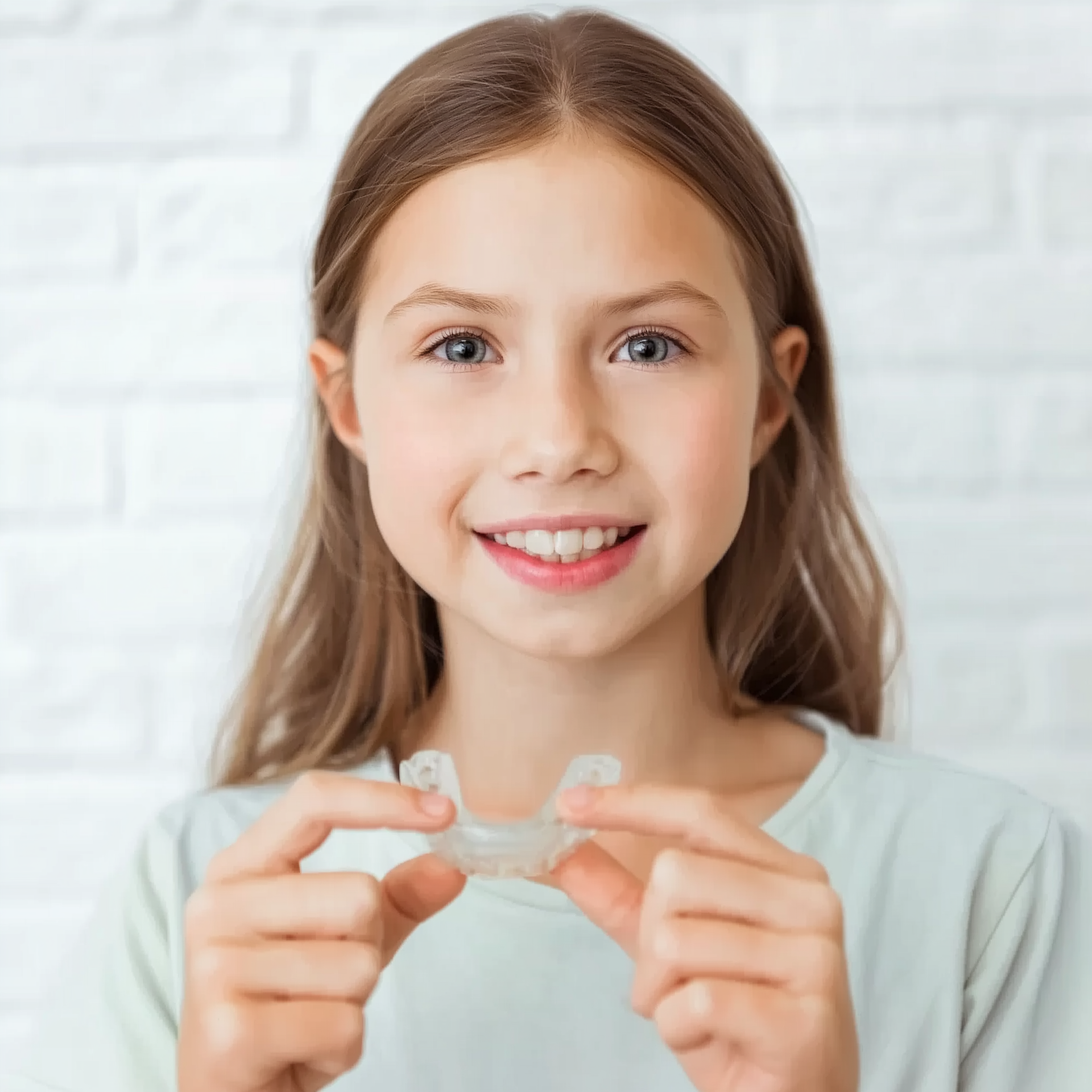 Smiling child holding clear dental aligners against a white background