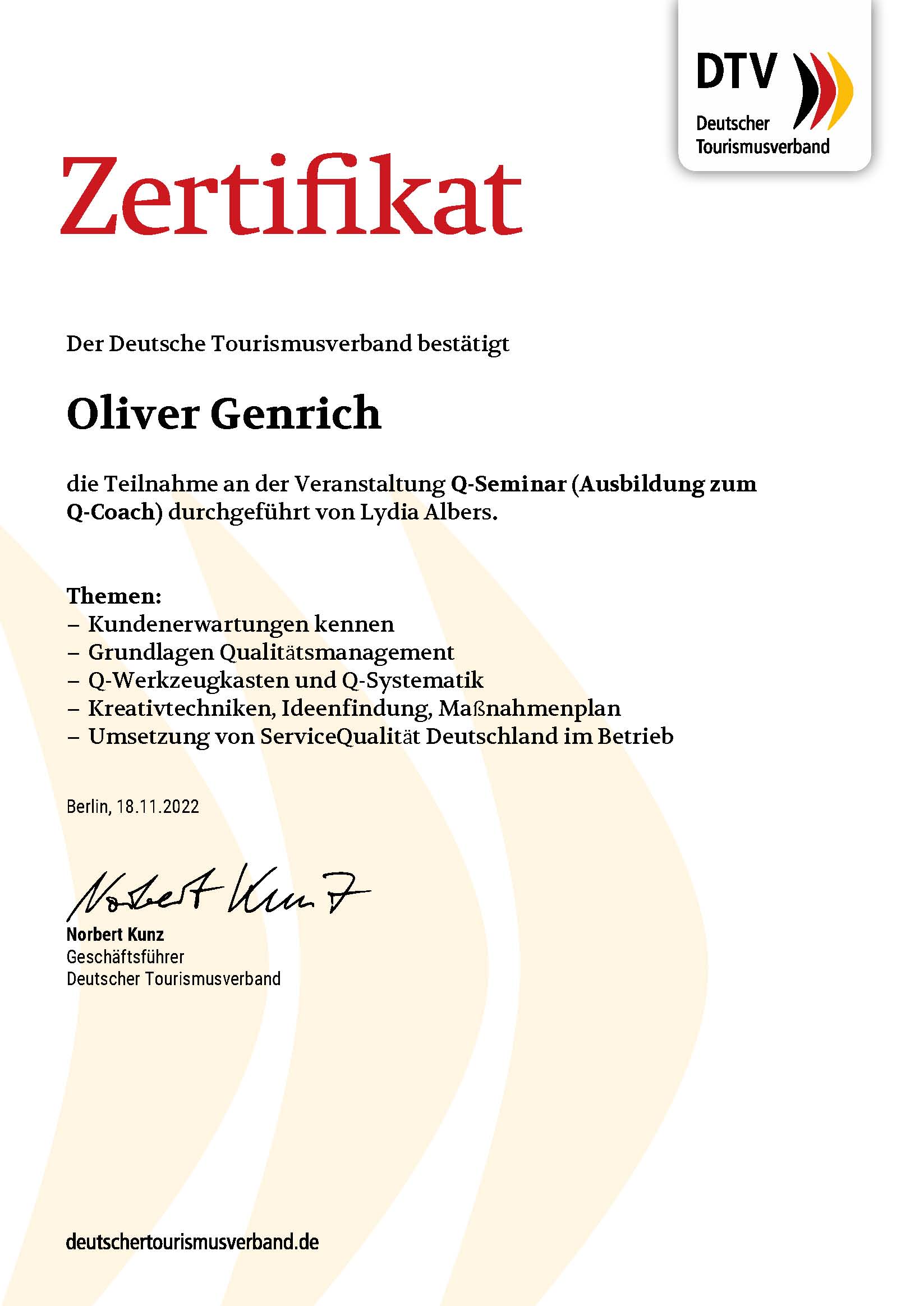 Eine Urkunde mit dem Namen Oliver Genrich