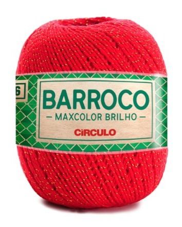 Red yarn skein labeled “Barroco Maxcolor Brilho” by Círculo, with silver sparkles.