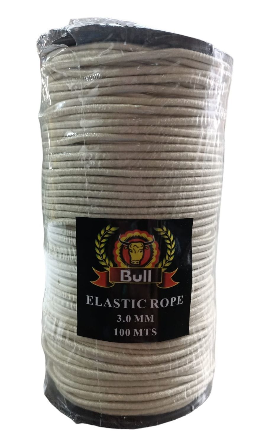 Spool of beige elastic rope with black label, wrapped in clear plastic.