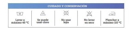 Spanish care instructions with icons: machine wash, dry flat, do not bleach, do not iron, and dry clean.