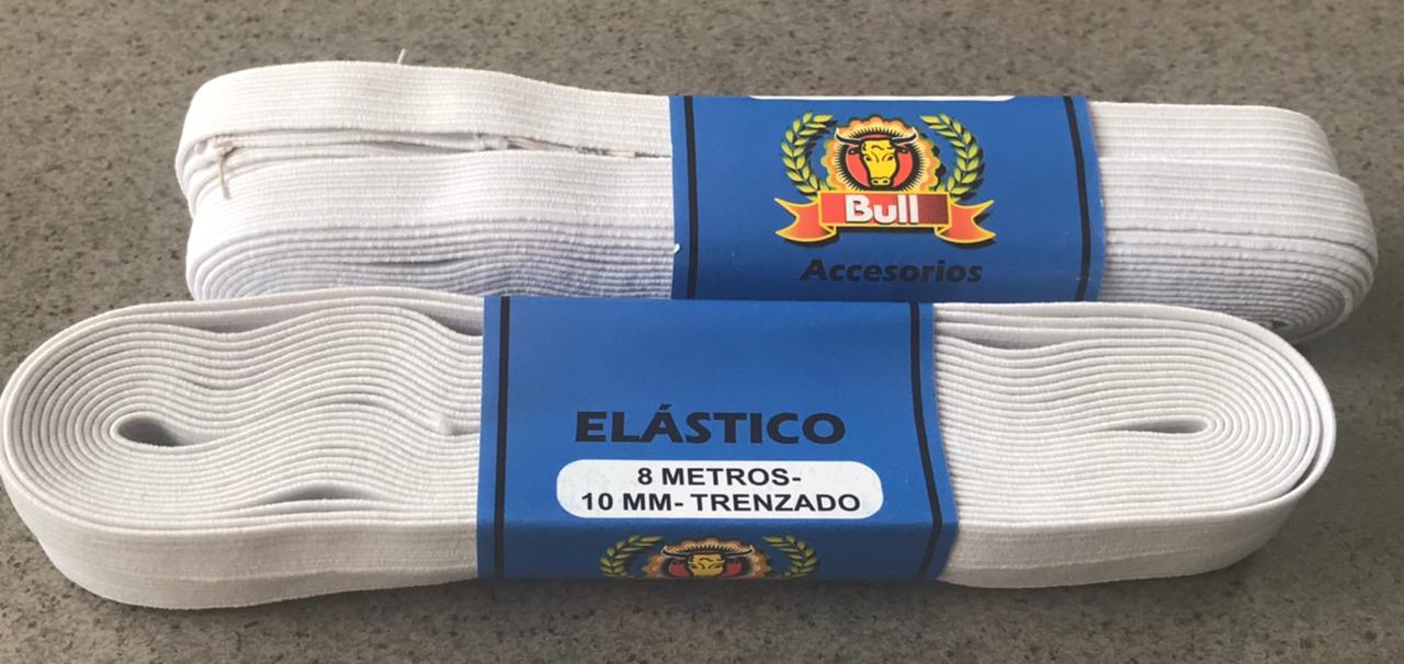 White shoelaces bundled with blue labels, one reading “ELASTICO” and “10 METROS”