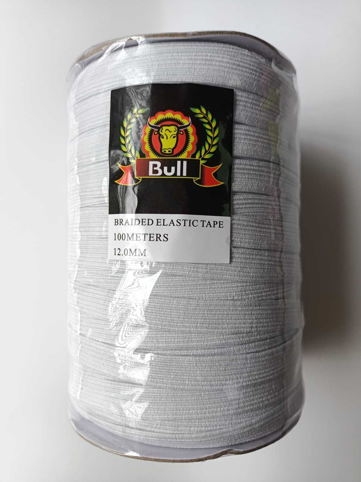 White rolled tape spool with a black label and red-yellow Bull logo on a plain background