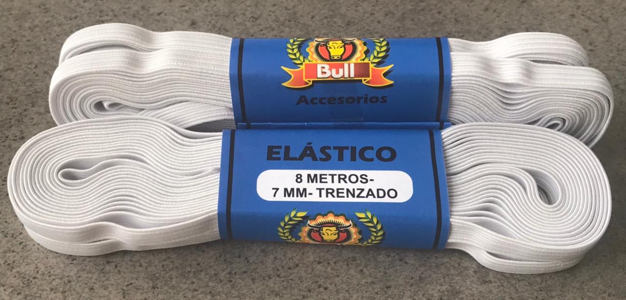 Two bundled white elastic straps with blue labels, 8 meters total