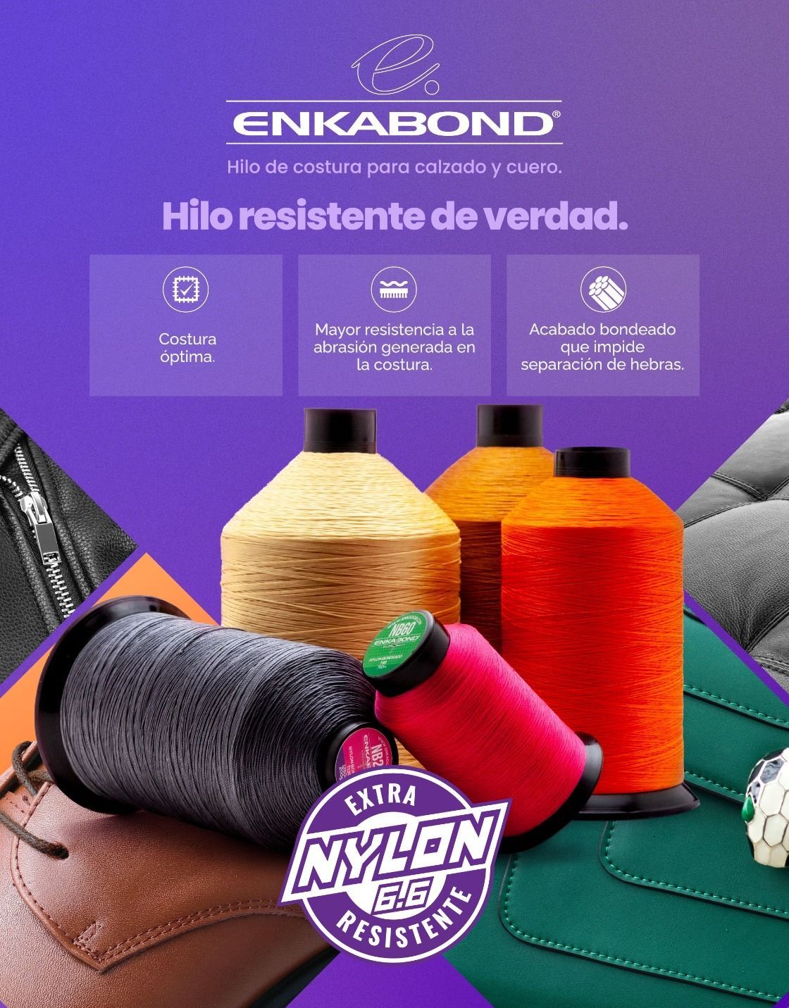 Publicidad de hilo resistente en conos morados, beige y naranja sobre fondo morado con texto promocional