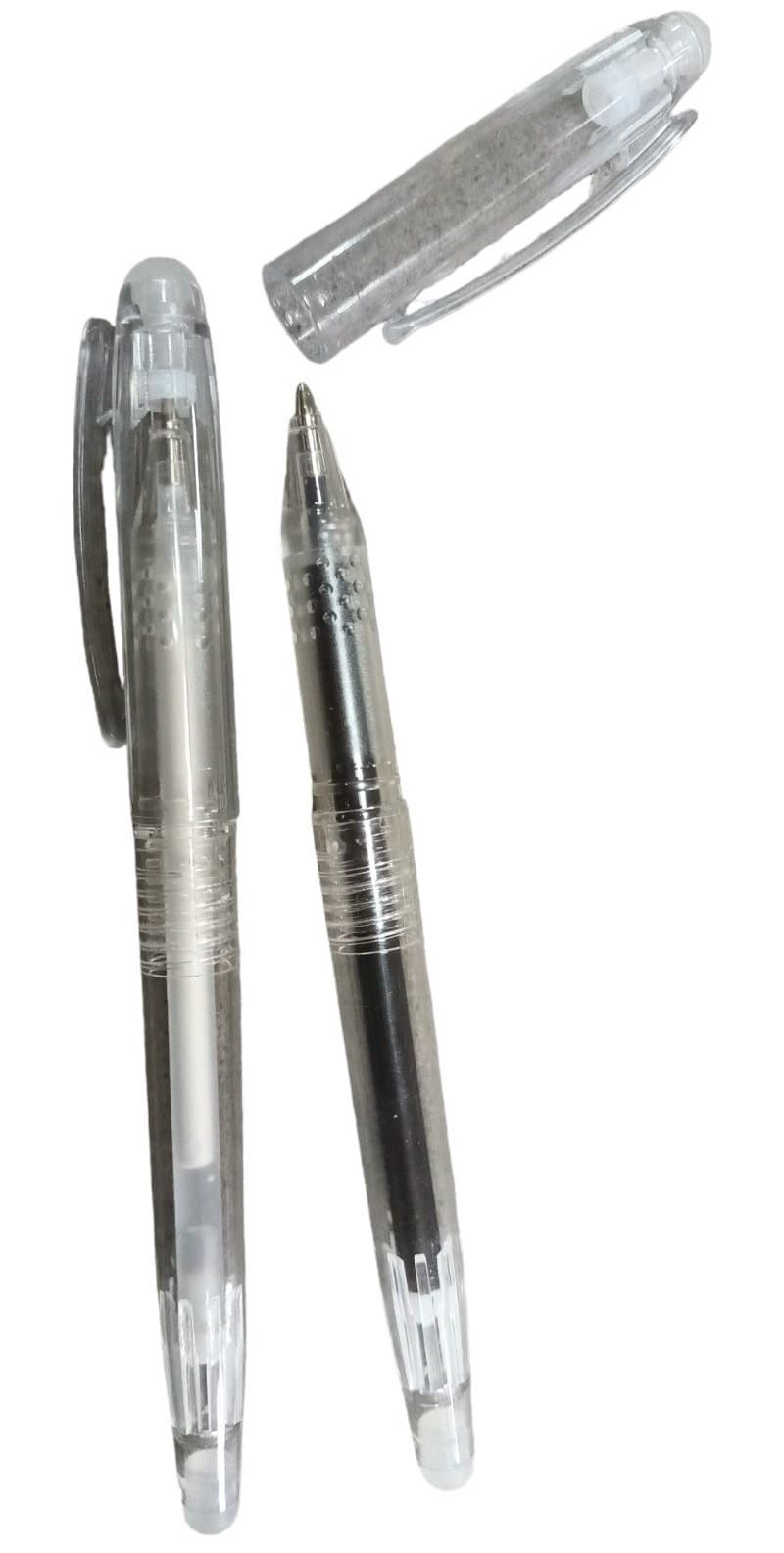 Three clear gel pens with caps, shown on a white background.