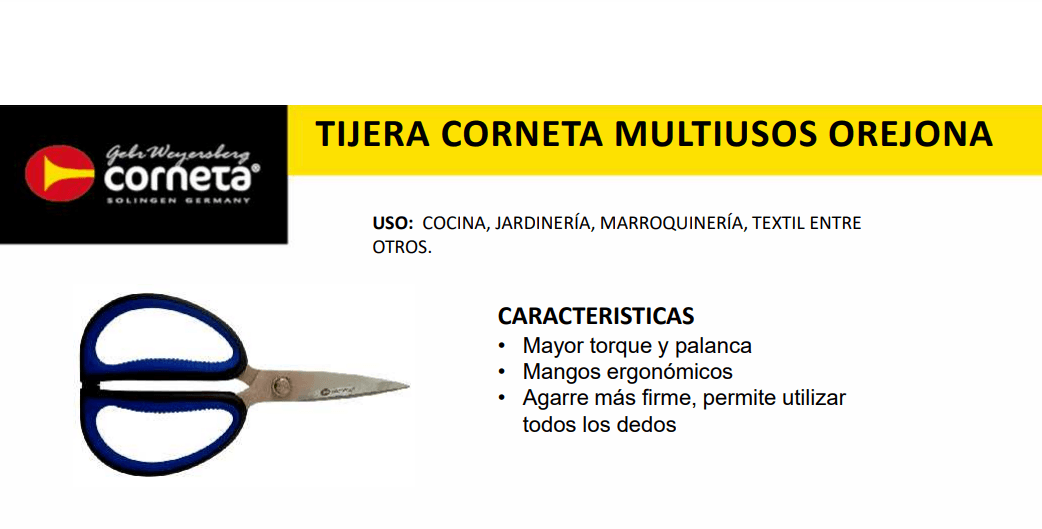 Product graphic for Corbeta multibase scissors, blue handle with gold blade, on white background