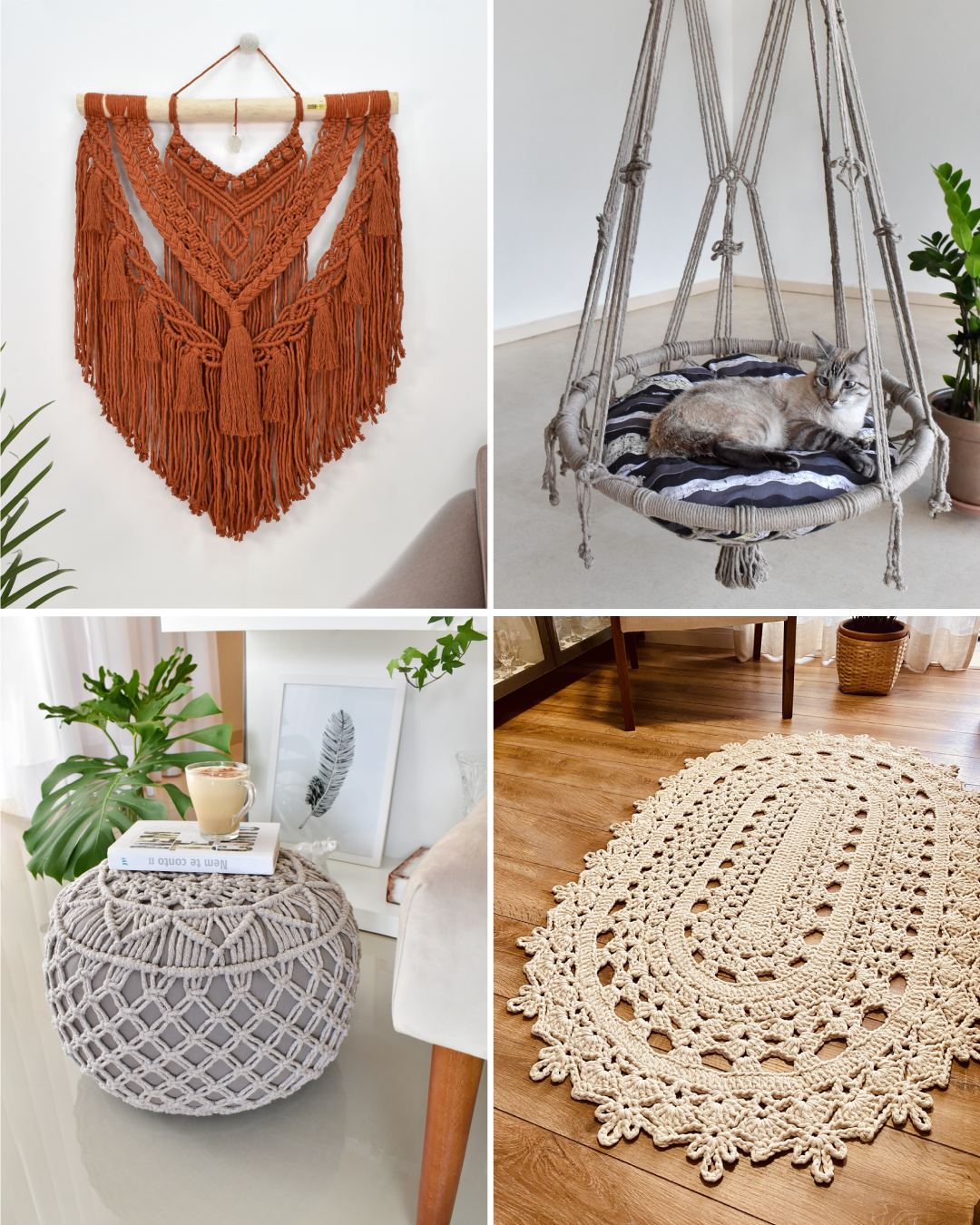 Four macramé home decor pieces: wall hanging, hanging chair, ottoman, and oval rug