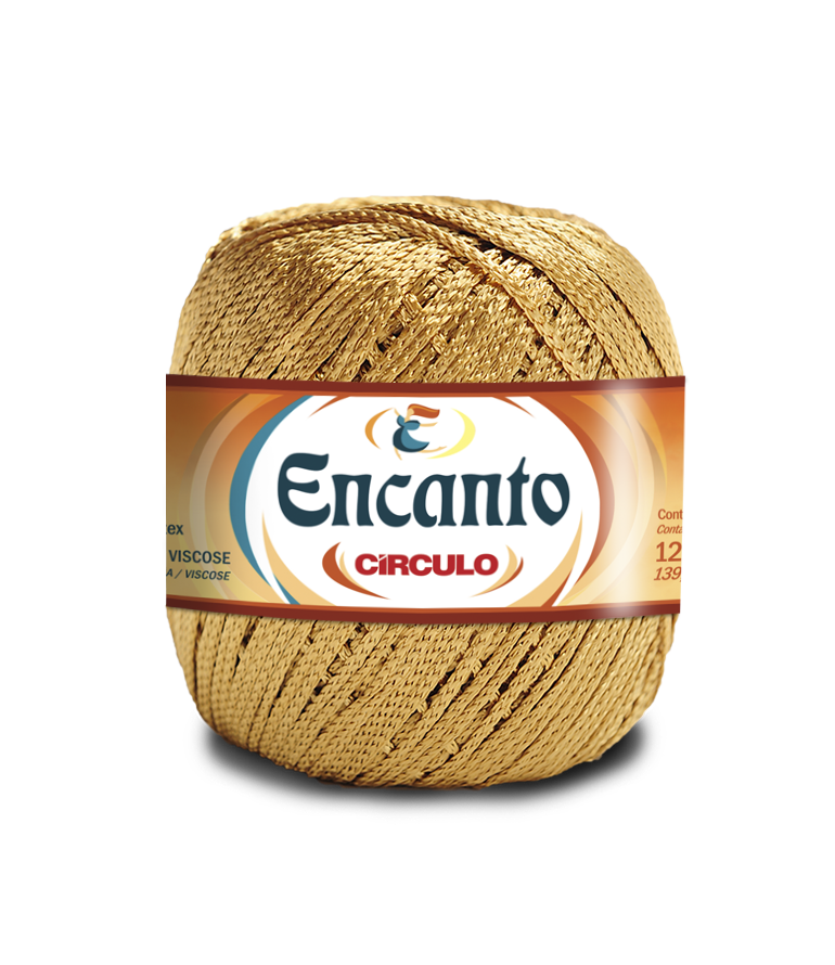 Encanto Circulo yarn skein with tan braided texture and orange label on white background
