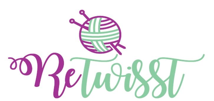 Purple and mint-green “ReTwissd” logo with a yarn ball and knitting needles
